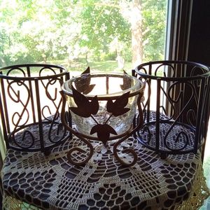 Fall leaf and crackled glass candle holder with 2 metal candle holders